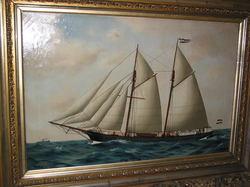 Gaffelschoener 'Dina Joanna', olieverf op doek door T.G. Purvis, 1910.