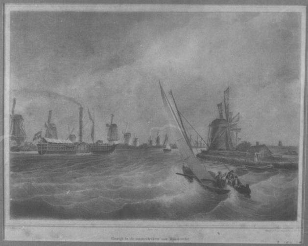 Gezicht in de ommestreken van Dordrecht, door H.A. Kreins naar tekening van O. Howen, steendruk op papier
