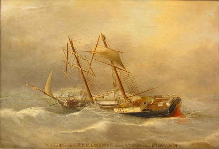 De brik 'Willem v.d. Voort' met gebroken masten in de storm, olieverf op doek door J.T.G.G. Tenenga, ca. 1850-1900.