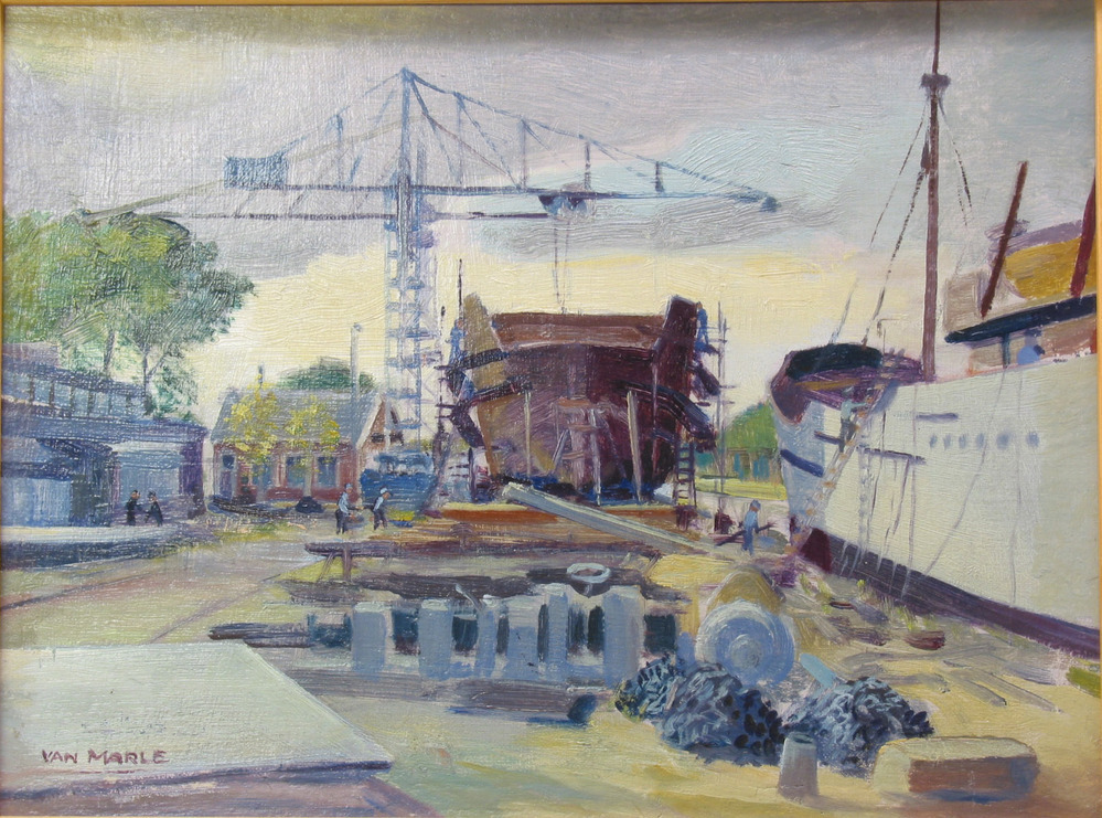 Scheepswerf aan het Winschoterdiep, olieverf op doek door W.B. van Marle, circa 1957.