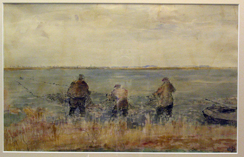 Bootvissers, aquarel door W.J. Dijk