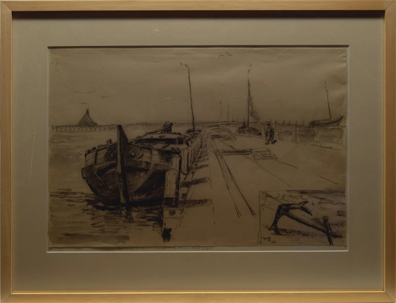 tekening van een oude loodsrinkelaar afgemeerd in de haven van Urk door W.J.Dijk 1925