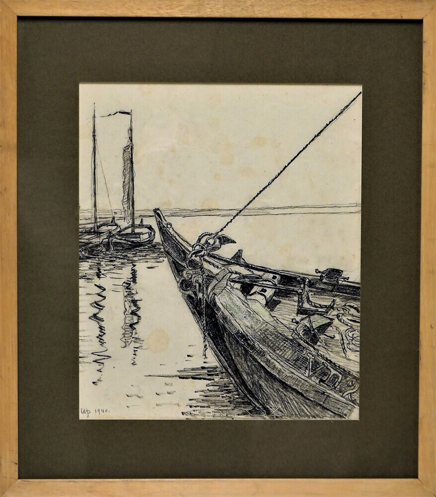 Potloodtekening van de kop van een Volendammer botter door W.J.Dijk 1940