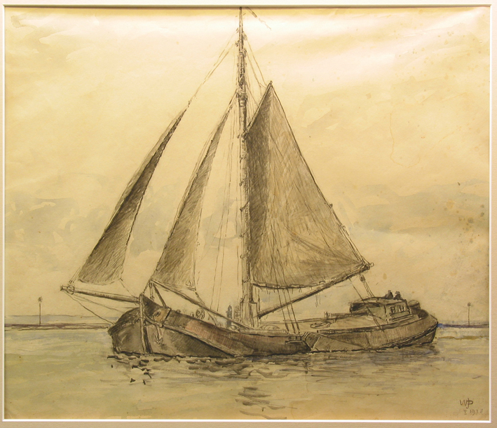De zeetjalk "Zuiderzee" van Oudbiltzijl in het Krabbe(rts)gat bij Enkhuizen, waterverftekening door W.J. Dijk, 1938