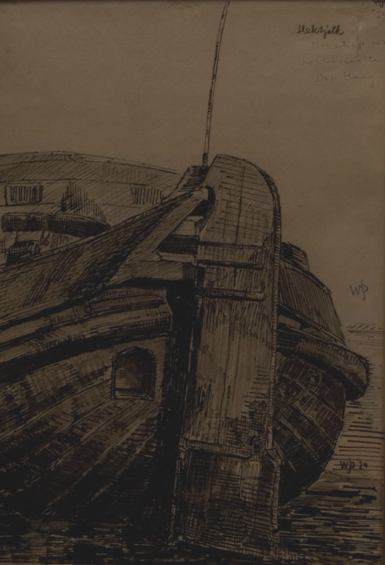 Potloodtekening van een hektjalk in de Laakhaven te Den Haag. (1924) door W.J.Dijk