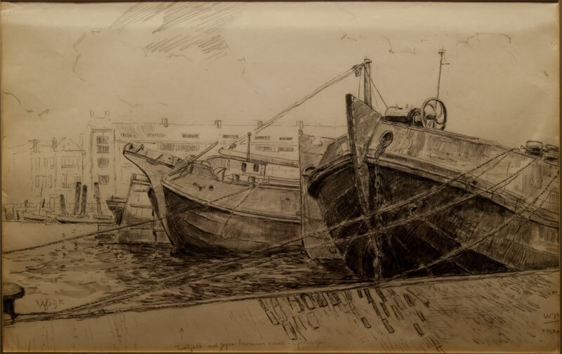 tekening van tjalken in een Rotterdamse haven, door W.J.Dijk, 1930.