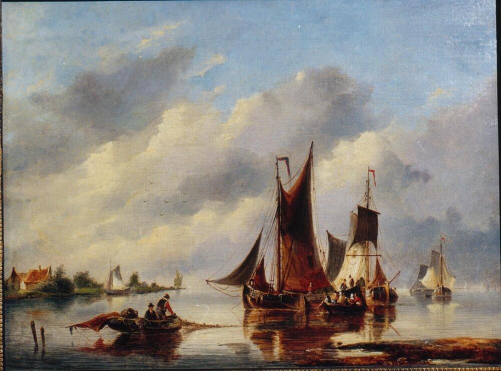 Een hektjalk met spriettuig en een tjalk met gaffeltuig in een waterlandschap, olieverf op doek door G.H. Hendriks.