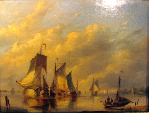 Met hooi geladen poon met gaffeltuig, de zeilen neerlatende, twee tjalkachtigen en op de voorgrond een vissersscheepje, in een waterlandschap, olieverf op doek door G.H. Hendriks. 1e helft 19e eeuw.