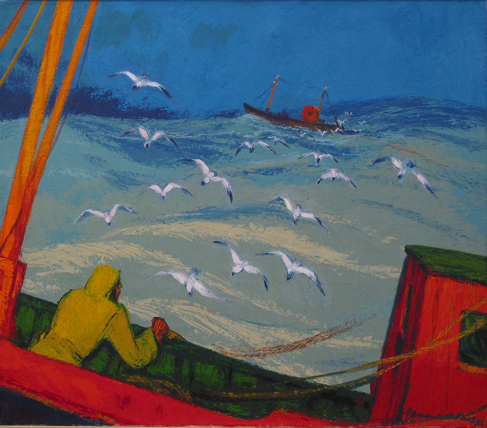 schilderij van twee vissersschepen met een net ertussen, olieverf op doek door Jannes de Vries, 1982.