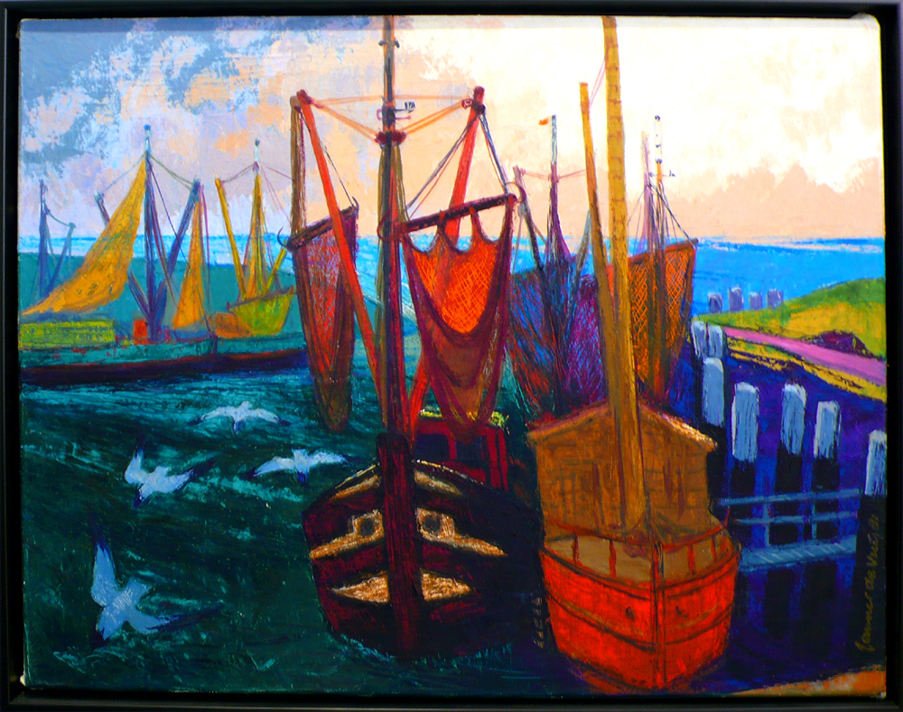 De oude haven van Termunterzijl, acryl op linnen door Jannes de Vries, 1981.