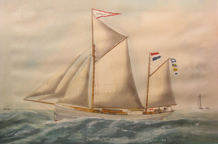 Vrachtlogger Mathilde op open zee, aquarel door Reuben Chappell, 1905