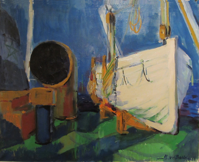 Het sloependek van een Groninger coaster, olieverf op doek door J.L. van der Baan, 1961.