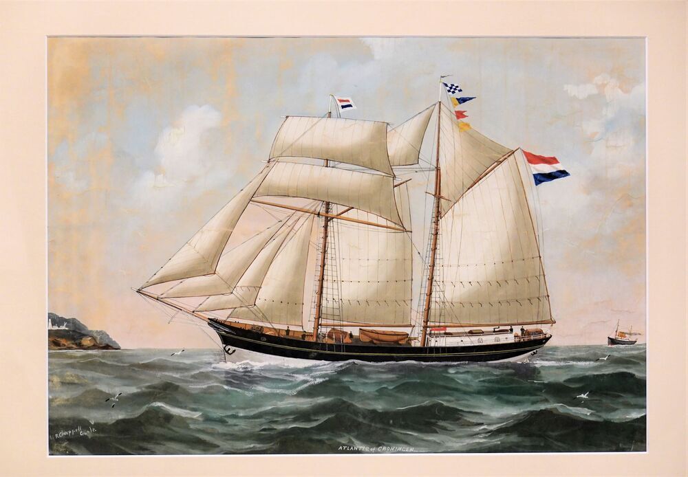 Scheepsportret van de tweemasttopzeilschoener Atlantic, aquarel door Reuben Chappell, begin 20e eeuw