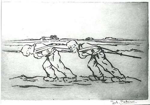 Twee mannen hangend in een trekzeel, ets door Johan Faber, circa 1920-1950