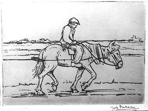 Een man te paard, paard in een trekzeel, etc door Johan Faber, ca. 1920-1950