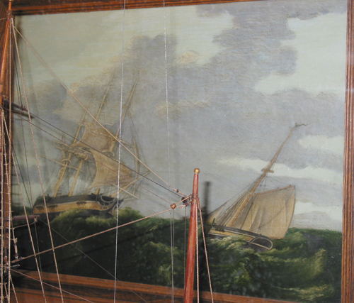 Driemast volschip en kotter op volle zee, olieverf op paneel door Adrianus Jans Oostendorp, circa begin 19e eeuw.