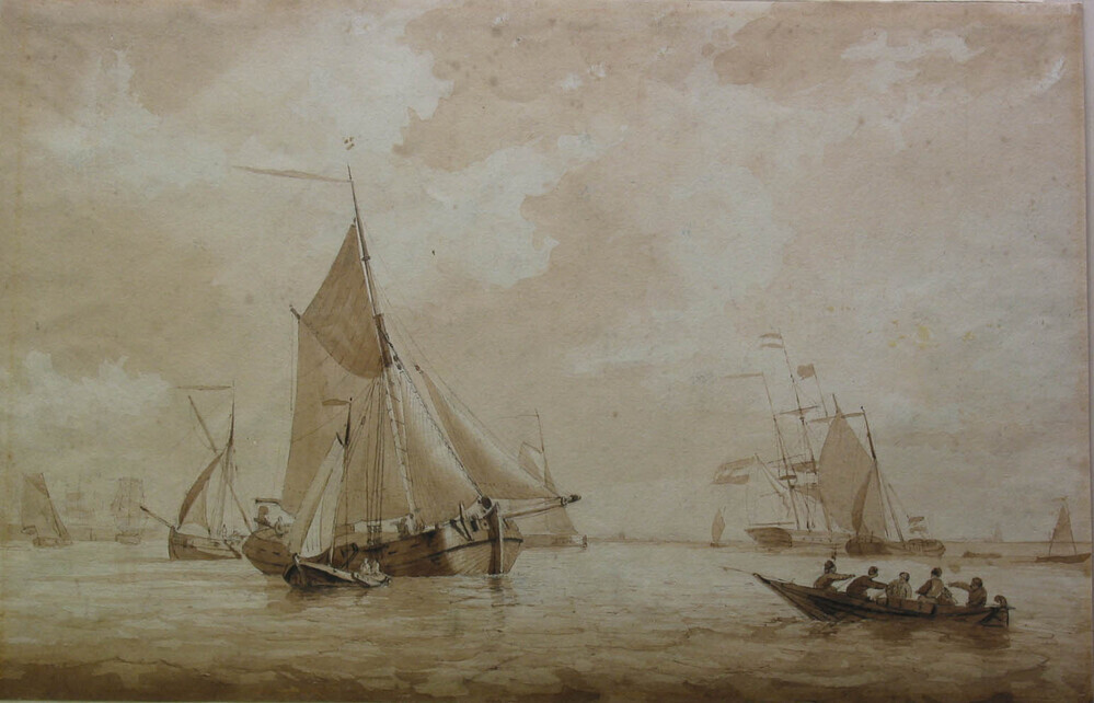 Een tjalk en andere schepen op zee, tekening door Willem Gruyters Jr. ca. 1850