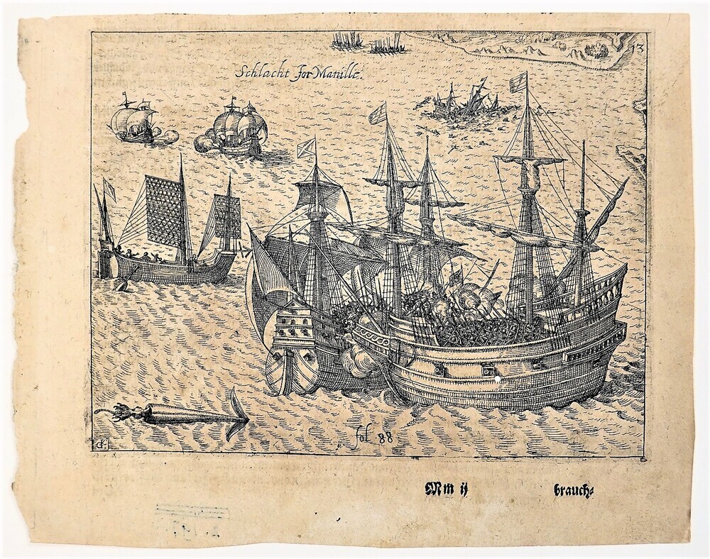 "Schlacht for Manille", prent, door Johan Theodoor de Bry, 1602