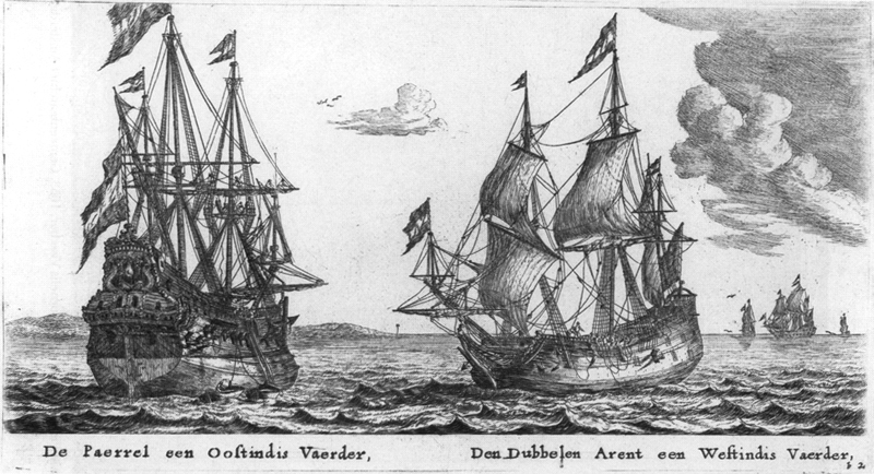 "De Paerrel een Oostindis Vaerder. Den dubbelen Arent een Westindis Vaerder", ets door Reinier Nooms, 17e eeuw