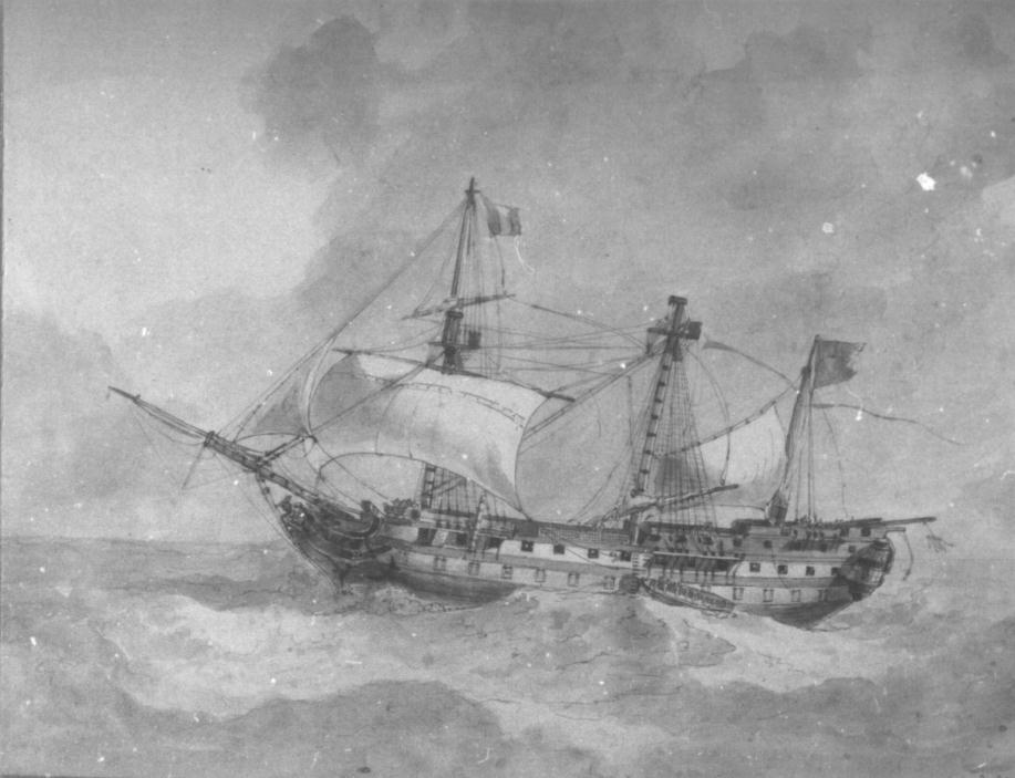 Tekening van een fregat met noodvlag, 18e of 19e eeuw door J.C.Schotel