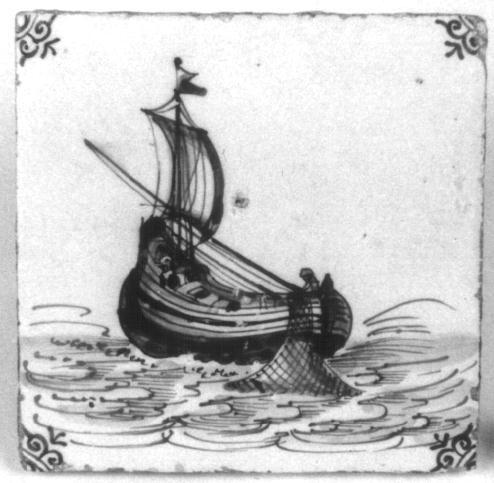 Tegel met daarop een visserschip met spiegel