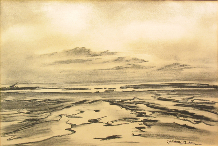 Houtskooltekening van het wad bij Spijk, door Johan Faber 1956
