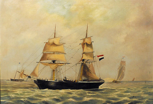 Scheepsportret van de brik 'Adriana', ex. 'Koerier', olieverf op doek door T.J.G. Fenenga, 1907.