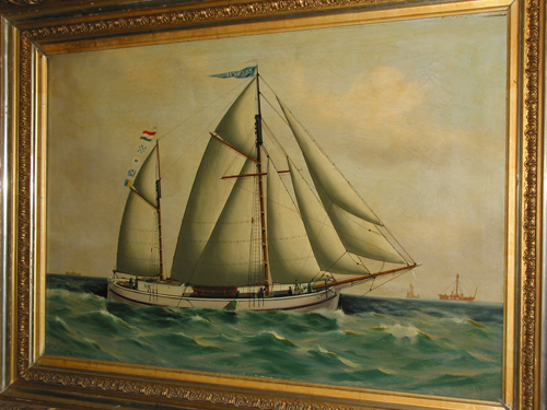 Tweemasttjalk 'Geertje'. Kapitein Harm Kramer uit Groningen, olieverf op doek door T.G. Purvis, 1900.