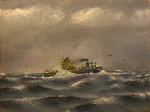 Stoombeurtschip de 'Hunze III' met hulpzeil in volle zee, olieverf op doek door H. Bulthuis, ca. 1920.