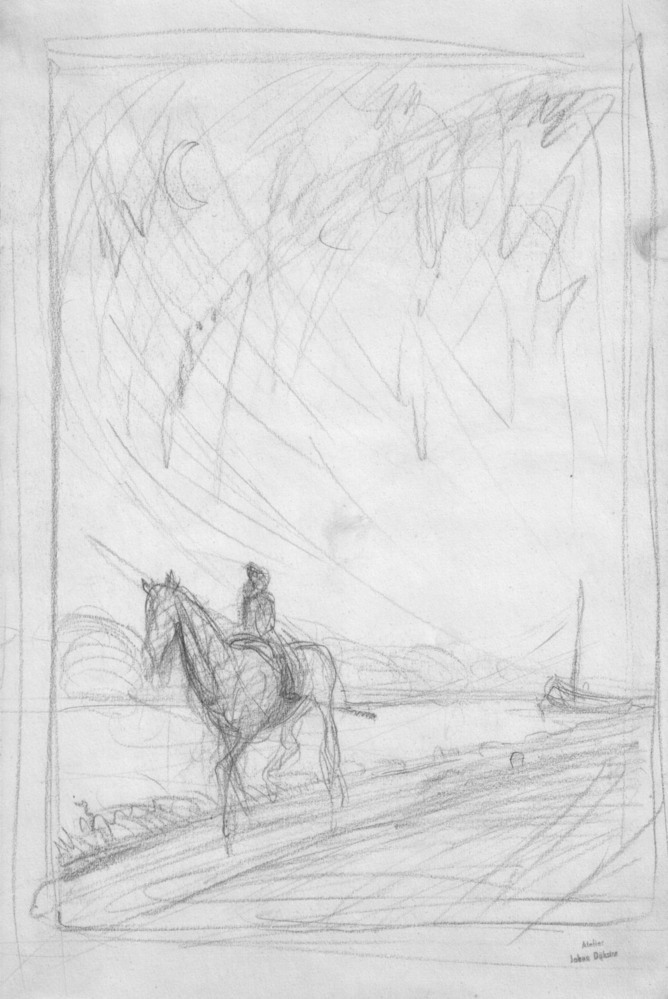 Scheepsjager op paard, een snik voorttrekkend, tekening door Johan Dijkstra, eerste helft 20e eeuw