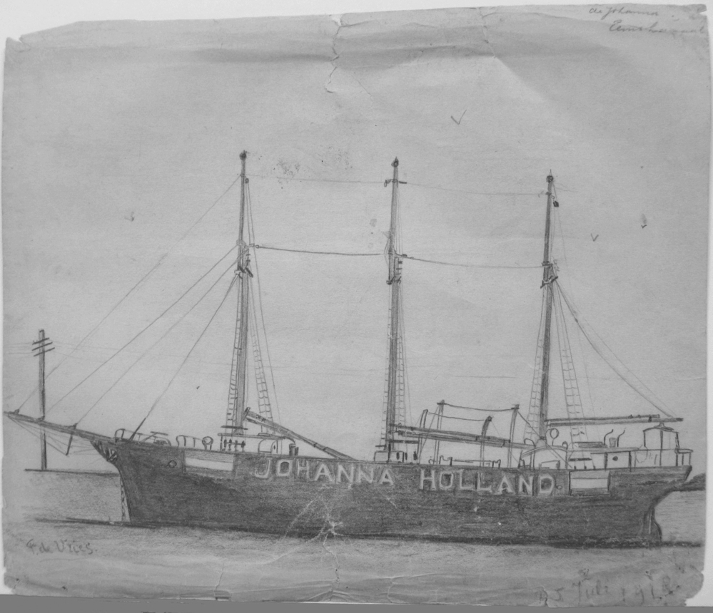 Driemastschoener "Johanna Holland", potloodschets door F. de Vries, 1918