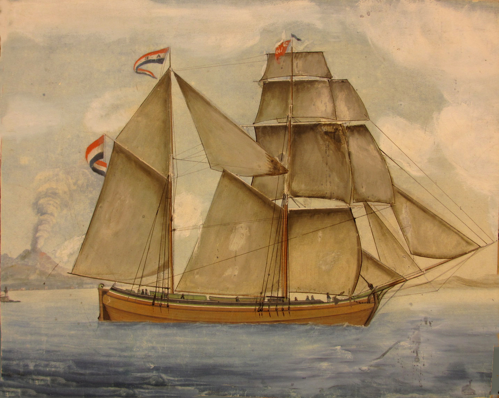 Schoenerkof 'Arjen Brouwer' onder vol zeil van kapitein A.J. de Boer van Woudsend, anonieme aquarel in de stijl van de Italiaanse Vesuvius scheepsportretten, midden 19e eeuw