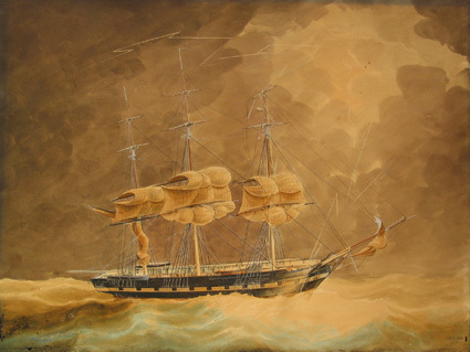 Een fregat in een storm, aquarel door J. Spin, 1844