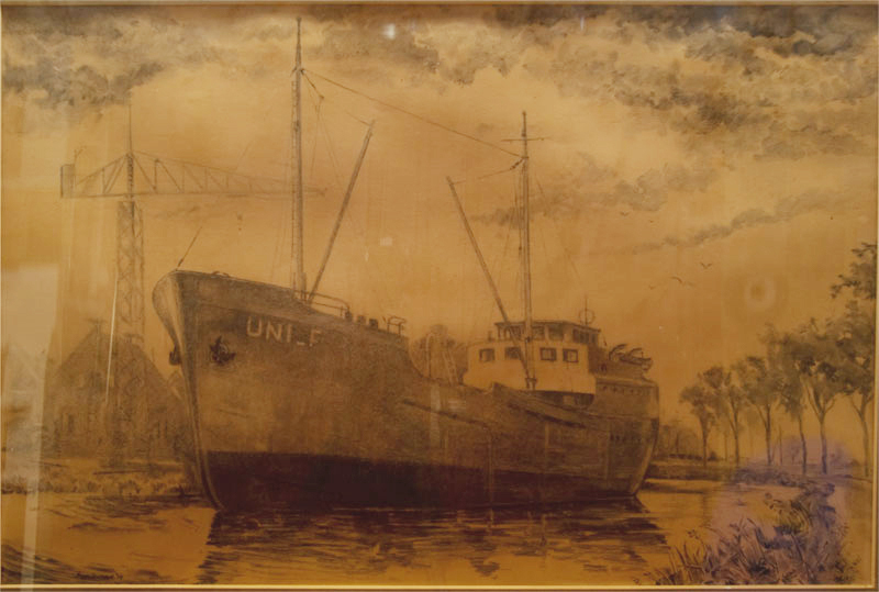 Tekening van de coaster Uni-F in aanbouw door Poppe Damaye 1949