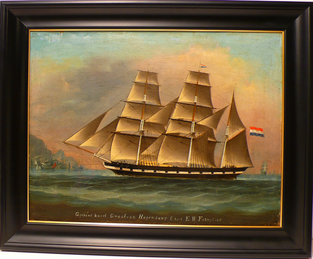 De drie-mast bark 'Gijsbert Karel Graaf van Hogendorp', olieverf op doek door Tou Shing in Hongkong, 1850-1900.