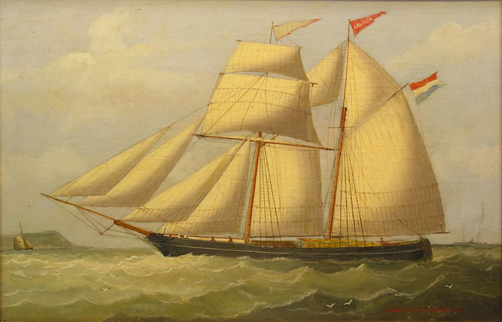 De tweemasttopzeilschoener 'Annegine', olieverf op doek door J. Semple, 1864.