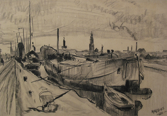 Binnenschepen in het Eemskanaal, zwart-krijttekening door G.G, Martens, 1930