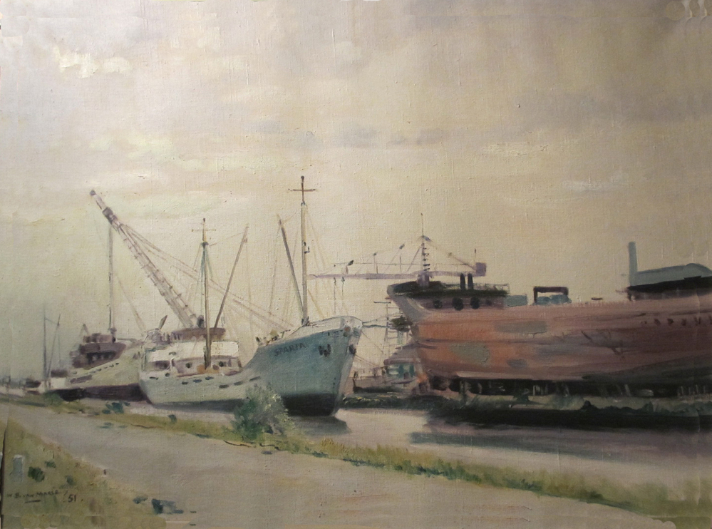 Scheepswerf E.J. Smit - Westerbroek, olieverf op doek door W.B. van Marle, 1951.