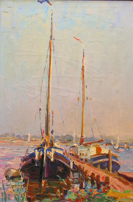 Schepen aan de steiger, olieverf op doek door G.G. Martens, 1961.