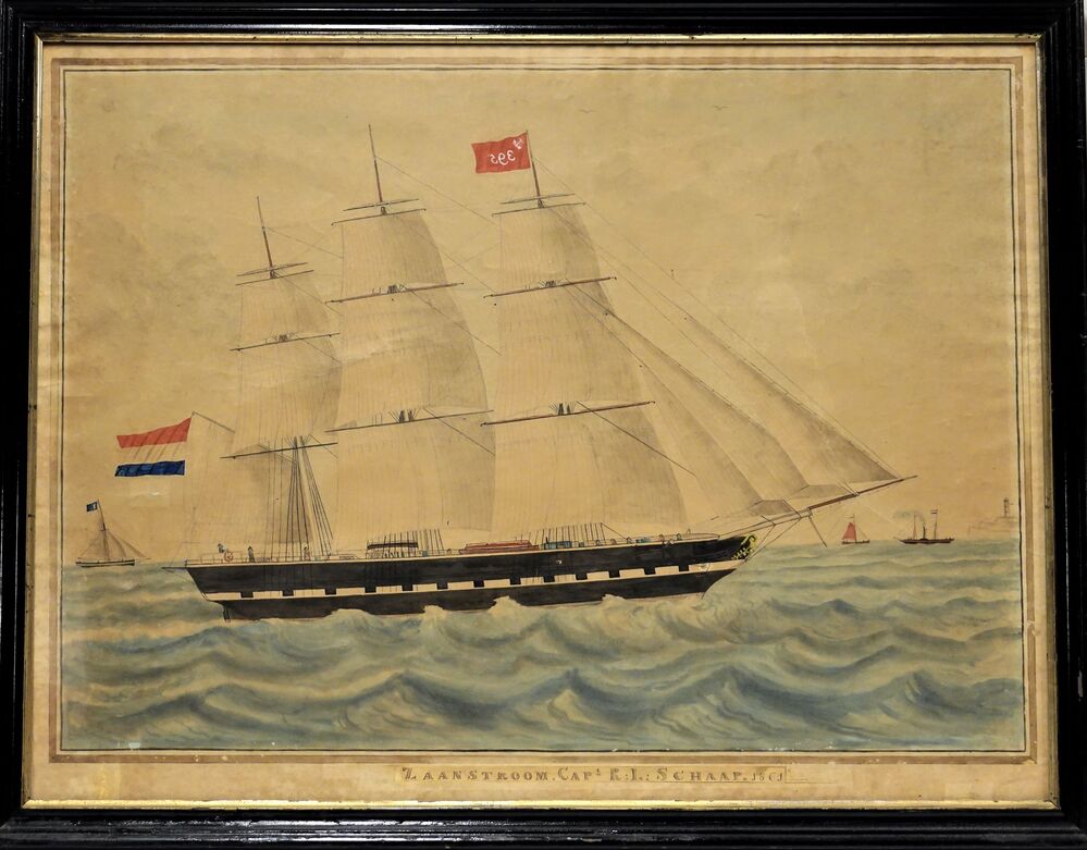 Scheepsportret van het volschip Zaanstroom, aquarel door J.B. Gaum, 1861