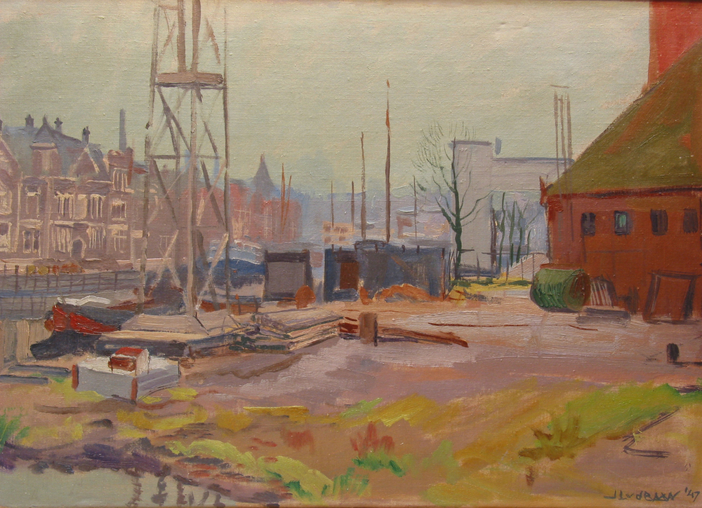 Scheepswerf Botje, Ensing & Co aan Hoendiepskade te Groningen, olieverf op doek door J.L. van de Baan, 1947.