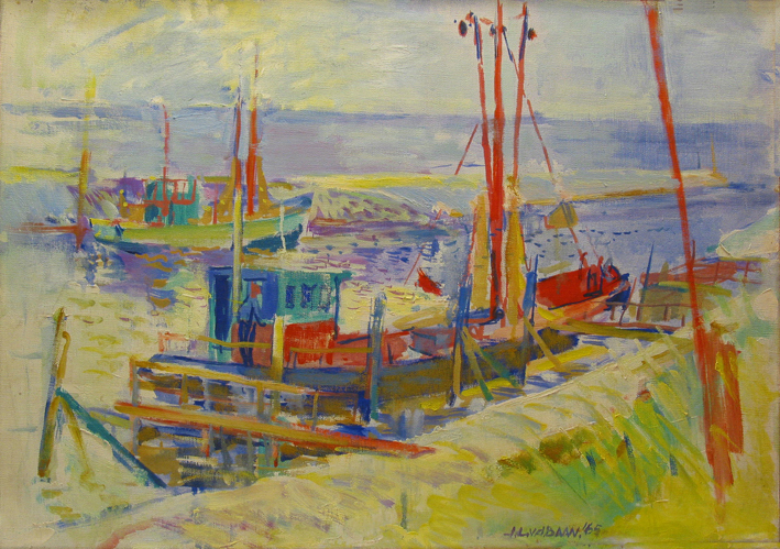 Vissersschepen in de haven van Termunterzijl, olieverf op doek door J.L. van der Baan, 1965.