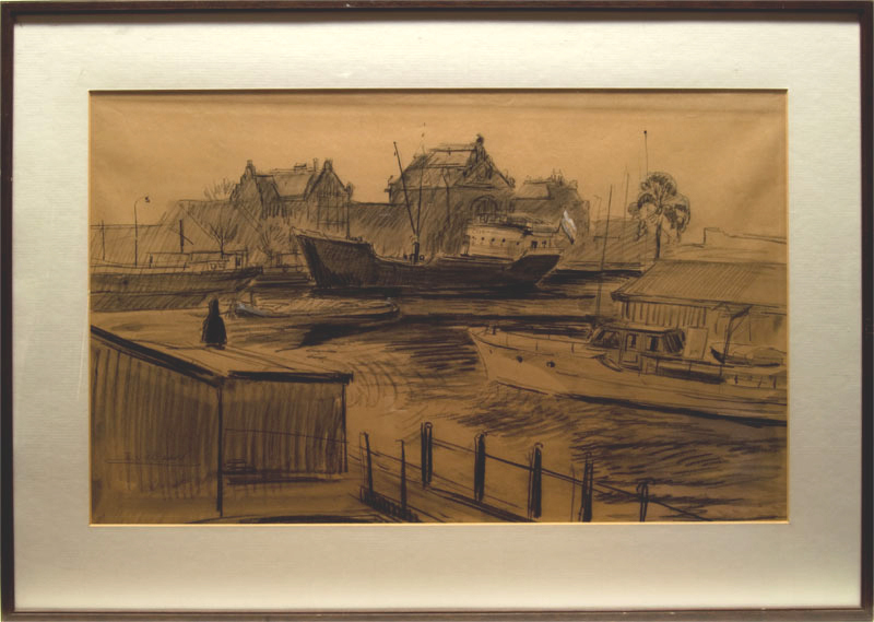 De coaster Curacao, liggende voor het station te Groningen, krijttekening door J.L. van der Baan, circa 1950