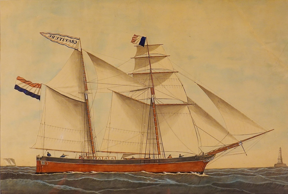 Scheepsportret van schoener-galjoot de Gratitude, gezagvoerder H.B. Kolk, aquarel, 1868