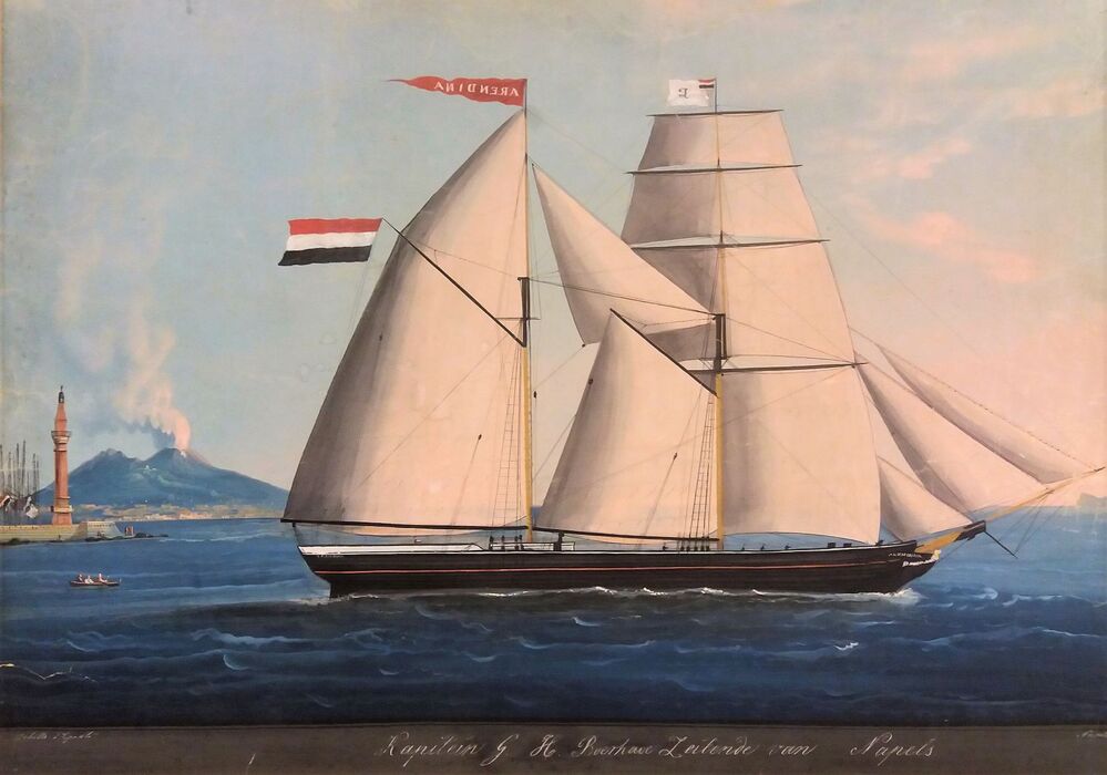 Scheepsportret van de tweemasttopzeilschoener "Arendina" van kapitein G.H. Boerhave uit Veendam, aquarel door Achille d'Eposito omstreeks 1865