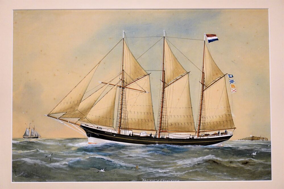 Scheepsportret van de driemastgaffelschoener Pacific, aquarel door Reuben Chappell, ca. 1900