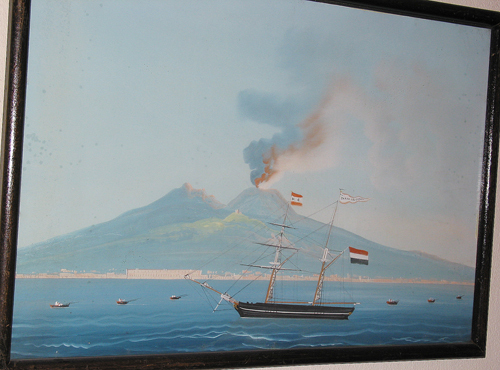 Schoenerbrik Sara Elisabeth in de haven van Napels bij dag, gouache door een anonieme Napolitaanse schilder, ca. 1860