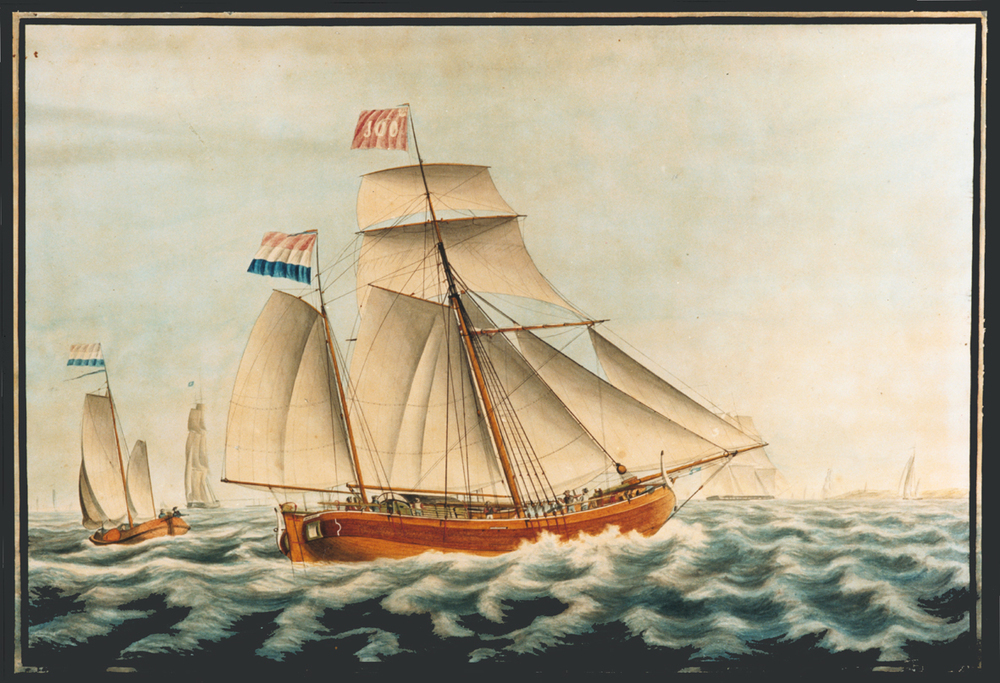 Het kofschip Jan de Wit op zee, aquarel door J. Spin, ca. 1834