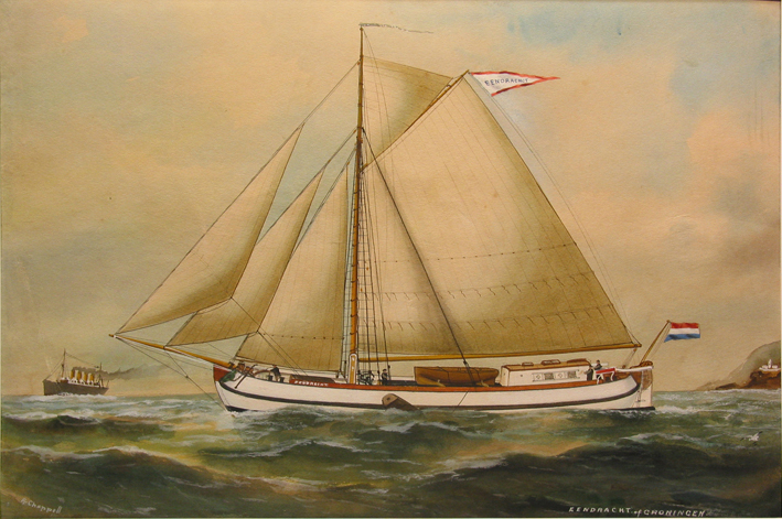 Scheepsportret van de zeetjalk Eendracht, aquarel door Reuben Chappell, 1905
