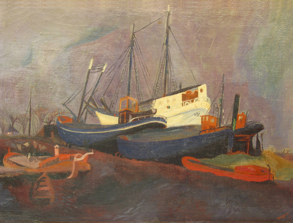 Scheepswerf Gebroeders Bos aan het Reitdiep te Groningen, olieverf op doek door Jan Wiegers, 1931.